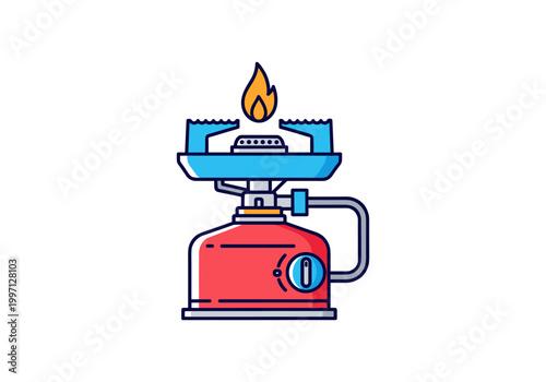 Compact portable camping stove with a blue burner and a red fuel canister