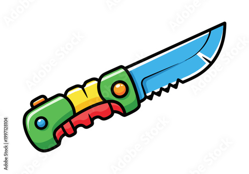 Cartoon folding knife with a blue blade and colorful handle on a white background