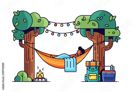 Person relaxing in a hammock between two trees with camping gear nearby