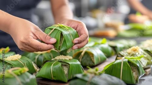 Hands Carefully Applying Daun Pandan Leaves for Food Preparation
