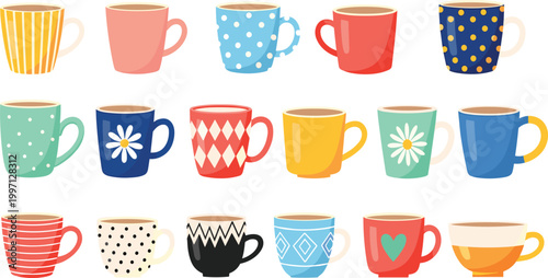 Colorful Coffee Mug Illustration Set Featuring Patterned Cups, Tea Mugs and Decorative Drinkware Designs for Kitchen, Cafe and Beverage Branding.