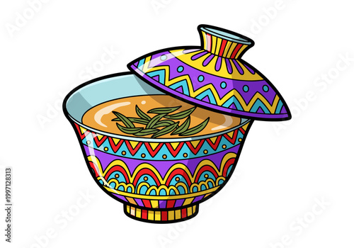 Colorful decorative bowl filled with savory broth and herbs, ready to serve