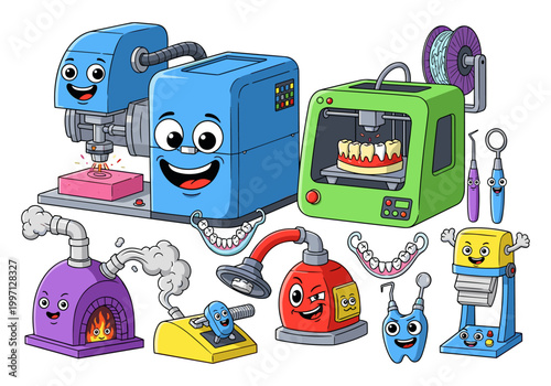 Cute cartoon dental equipment and machines creating teeth and dentures
