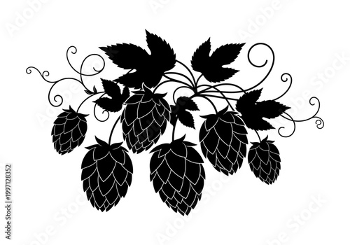 Stylized black silhouette of hop cones and leaves on a white background