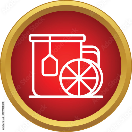 Cup of hot tea with a tea bag and lemon slice in a red circle