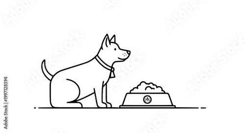 Minimalist Line Art Dog Sitting Beside Full Food Bowl, Pet Nutrition Concept