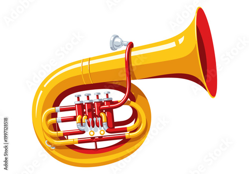 Bright yellow tuba with red accents, a brass instrument for music