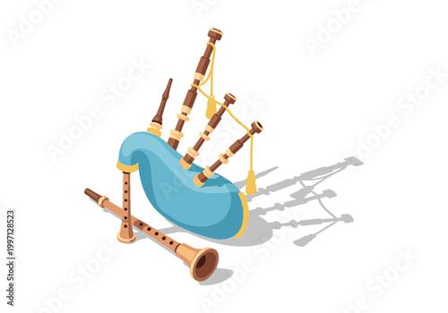 Traditional bagpipes with a blue bag and wooden pipes casting a shadow