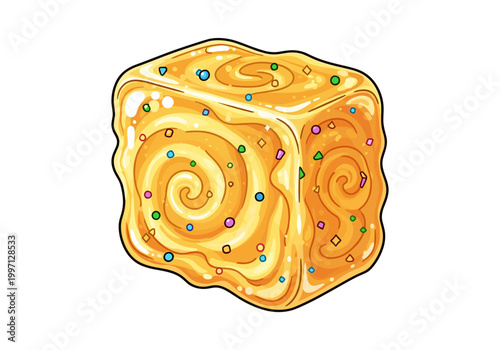 A delicious golden cube-shaped dessert with colorful sprinkles and swirl patterns