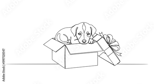 Sad puppy in gift box, one line art drawing, minimal style