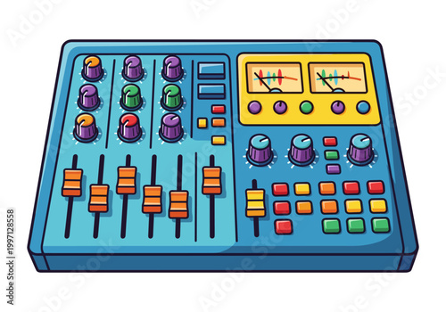 Colorful cartoon audio mixer with sliders and knobs for sound production