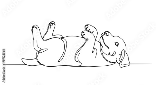 Minimalist single line drawing of a playful puppy lying on its back, looking up with paws in the air.