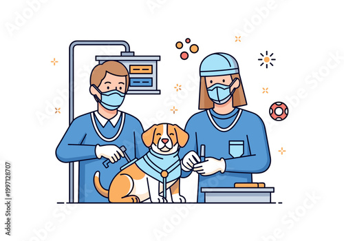 Veterinarians in masks and scrubs tending to a dog in a clinic setting