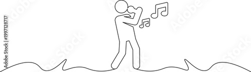 A minimalist line drawing of a person singing with musical notes floating in the air