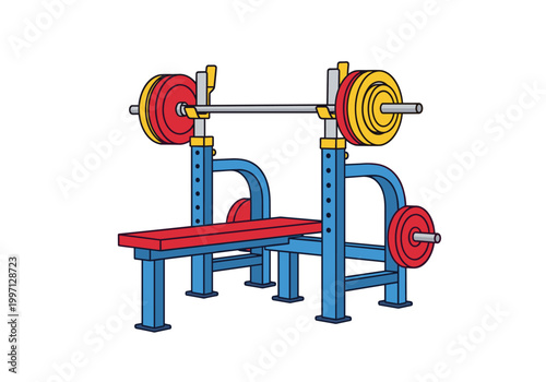 Weightlifting bench press with barbell and weight plates for strength training