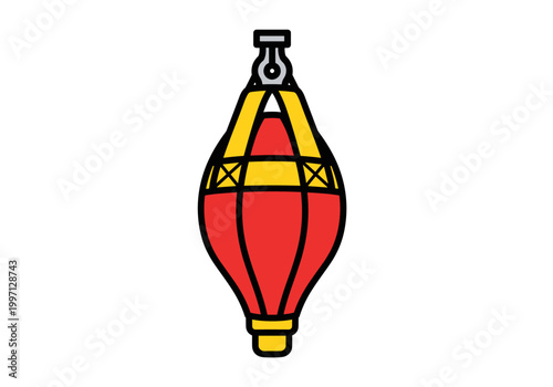 Red and yellow punching bag hanging from a metal hook for boxing training
