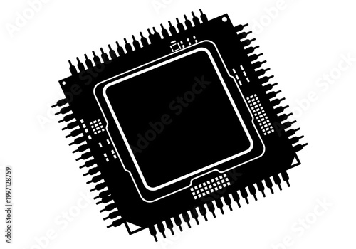 Black silhouette of a computer processor chip with many pins on a white background