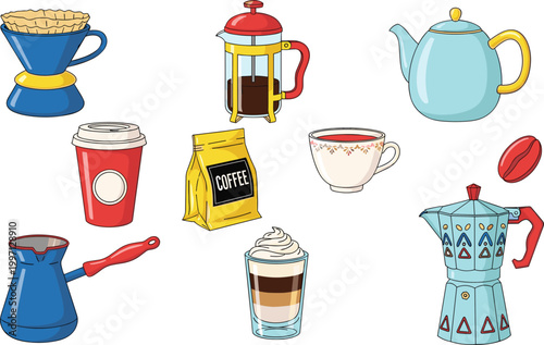 Coffee Brewing Equipment Illustration Set Featuring French Press, Moka Pot, Pour Over, Teapot, Latte Glass and Cafe Beverage Elements for Barista Design.