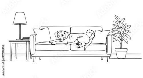 Dog relaxing on a couch in a living room, line art illustration