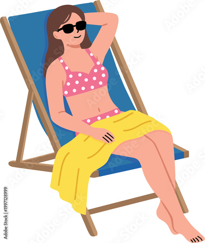 Young woman in bikini sunbathing on a deck chair summer lifestyle illustration