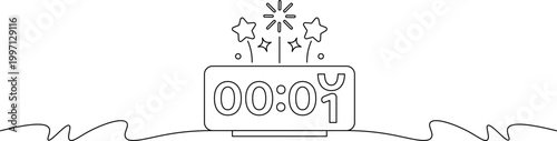 A simple line drawing of a digital clock striking midnight with fireworks and stars