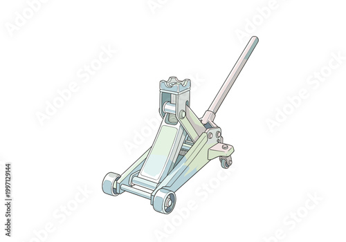 Detailed illustration of a hydraulic floor jack with a long handle and wheels