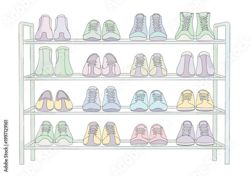 A colorful collection of shoes neatly organized on a multi-tiered rack