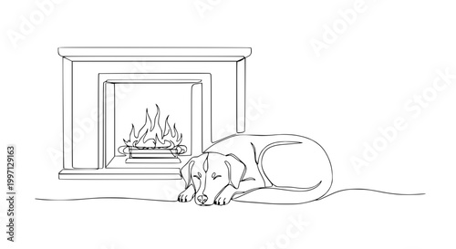 Cozy dog sleeping by fireplace, single line drawing illustration, warmth and comfort concept.
