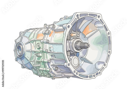 Detailed illustration of a complex automotive transmission system on a white background