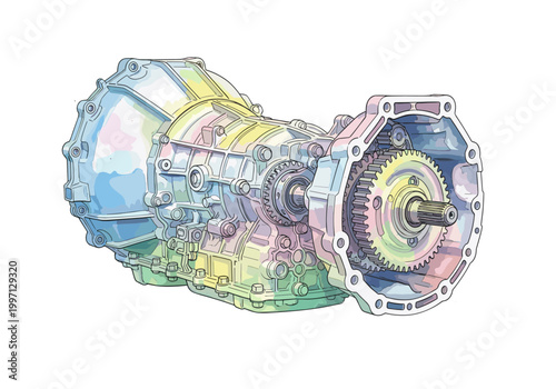 Detailed illustration of a complex automotive transmission system with visible gears