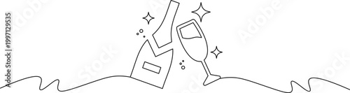 A minimalist line drawing of a champagne bottle and glass on a wavy surface with sparkles
