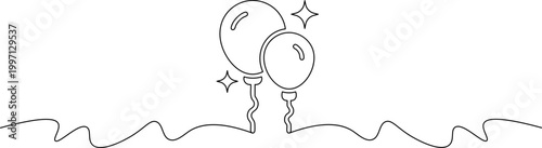 A minimalist line drawing of two balloons floating above a wavy line with sparkles