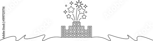 A simple line drawing of a building with fireworks exploding above it