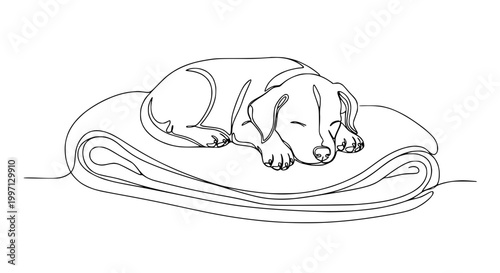Minimalist single line drawing of a sleeping puppy on a cushion, cute dog art, simple pet illustration