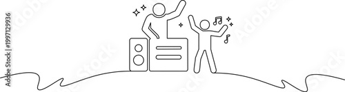 A minimalist line drawing of two people enjoying music from a speaker