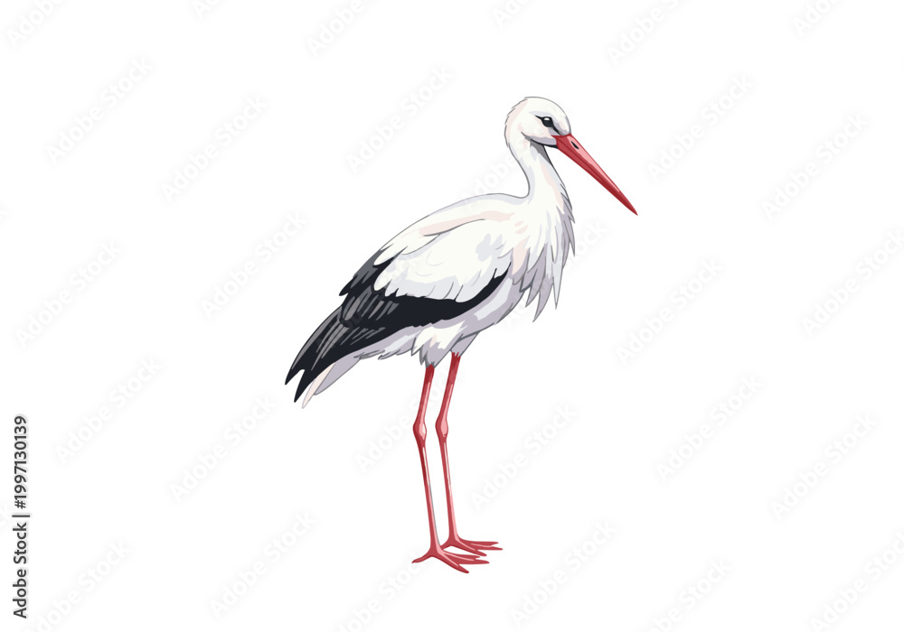 Fototapeta premium Elegant white stork with long red legs and beak stands gracefully on white background