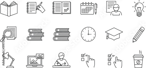Education and online learning line icons set with books study checklist and graduation