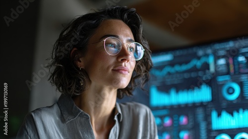 Thoughtful Gaze: A focused individual, wearing glasses, and a gray button-down shirt, gazes towards the light in deep contemplation, the glow of the screen reflecting in her spectacles.