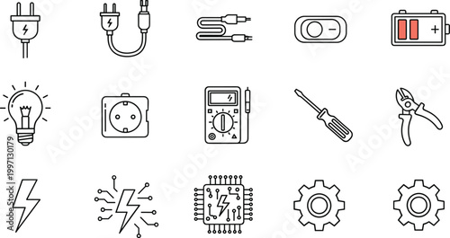 Electrical technology and repair line icons set with plug battery tools and circuit