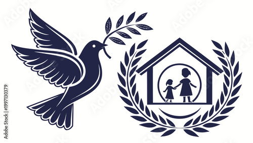 International day concept with dove house and children symbols representing innocent victims of aggression peace protection and remembrance