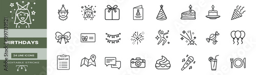 Birthday celebration line icons set party girl cake gift card balloons fireworks candy camera guest list & more vector illustration with editable stroke.
