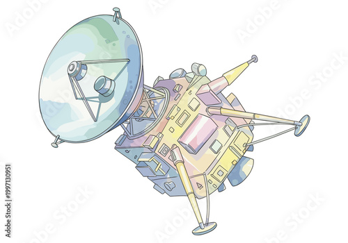Illustration of a colorful space probe with a large dish antenna against a white background