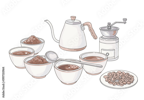 Coffee tasting setup with grinder, kettle, beans, and brewing samples