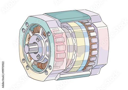 Cutaway illustration of an electric motor showing internal components and wiring