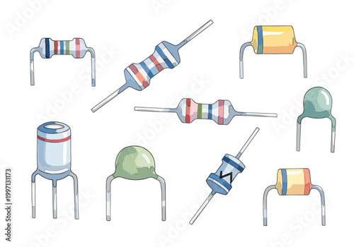Collection of electronic components including resistors and capacitors on a white background