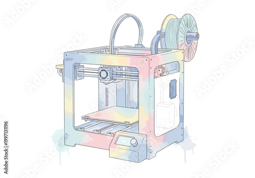 Modern 3D printer with colorful watercolor accents and filament spool on white background