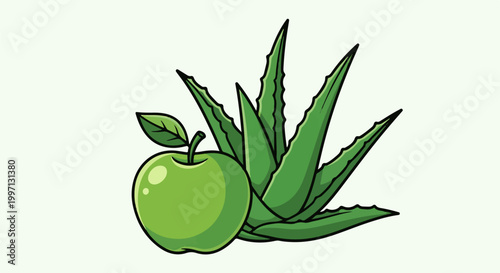 A green apple with leaves next to a cluster of aloe vera plants