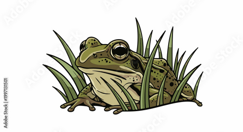 A green spotted frog peeks out from behind tall green grass blades