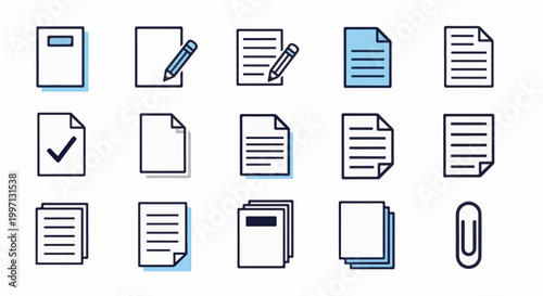 A grid of 15 outline icons representing documents, writing, and office supplies