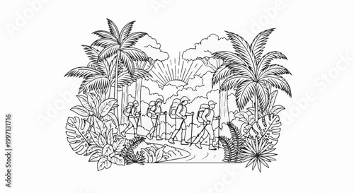 A group of hikers trekking through a lush jungle with palm trees